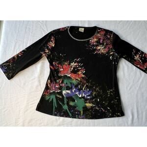 Jess And Jane USA 90s Top Black Dark Floral Rhinestone SM Goth Grunge